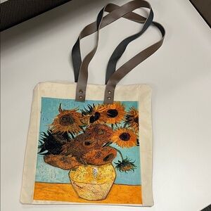 Sunflower Art Tote Bag - Cream and Brown vegan straps
